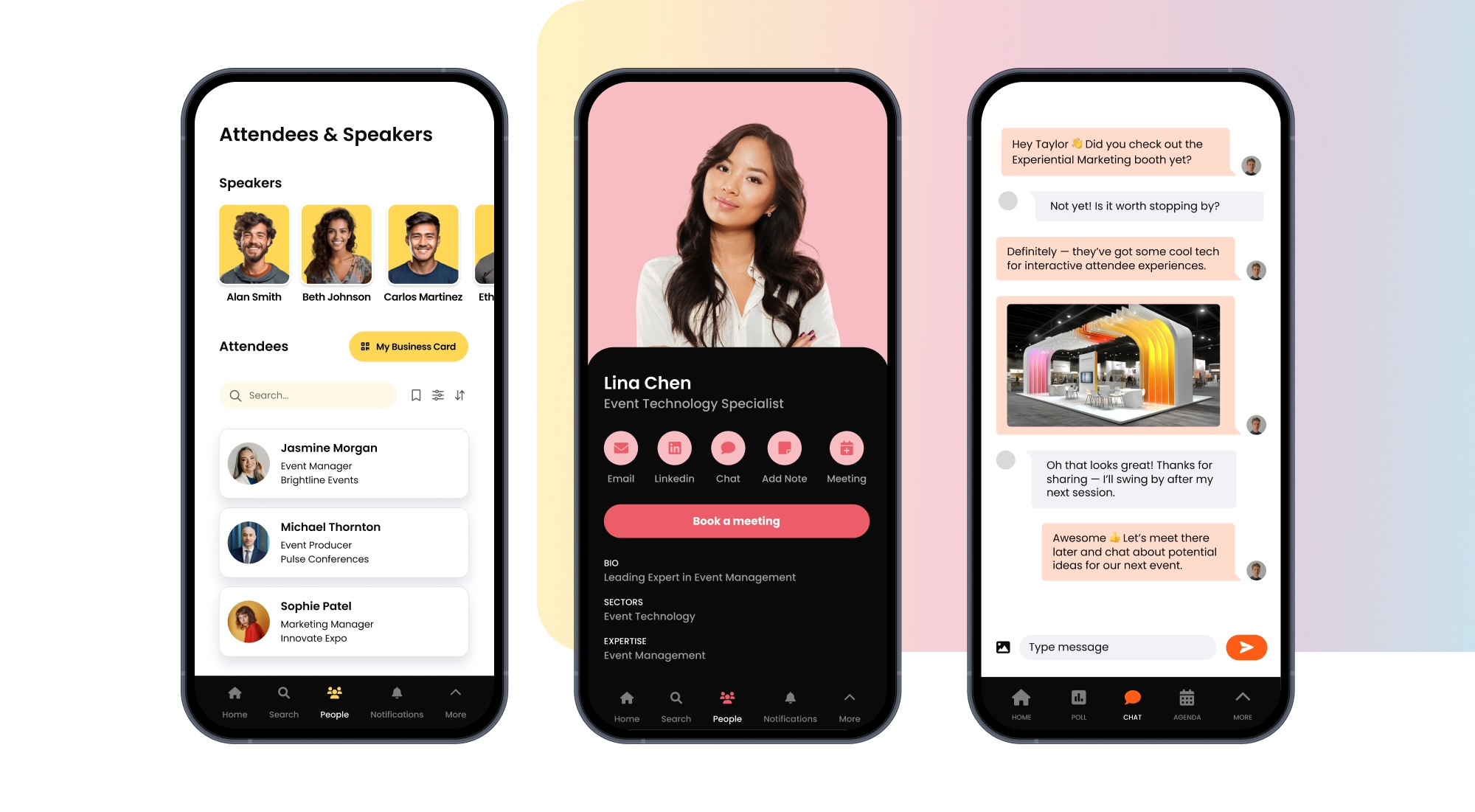Networking features including chat, badge scanning, and video calls